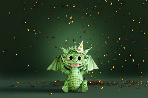 可爱的卡通宝宝龙戴着圆筒帽捕捉飘落的五彩纸屑。三维渲染图片下载