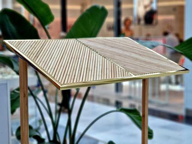 一张柳条桌子和一个种着箭根的花盆。金色边框边缘。在这张桌子上，餐馆把他们的菜单和客人的菜单放在入口处。竹制豪华家具图片下载