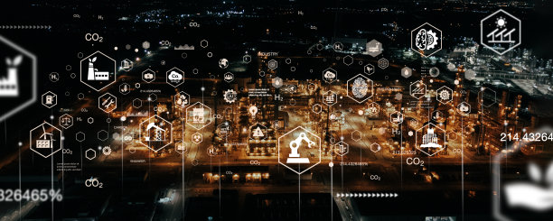 气体分离行业或炼油、石化行业。高污染工业概念来自大型工厂与Ai控制图标。图片下载