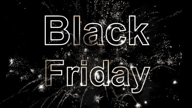 黑色星期五标牌出售活动，黑色背景上有颜色渐变和烟花爆炸的银色标牌，大轮廓型上闪闪发光，装饰覆盖广告模板图片下载