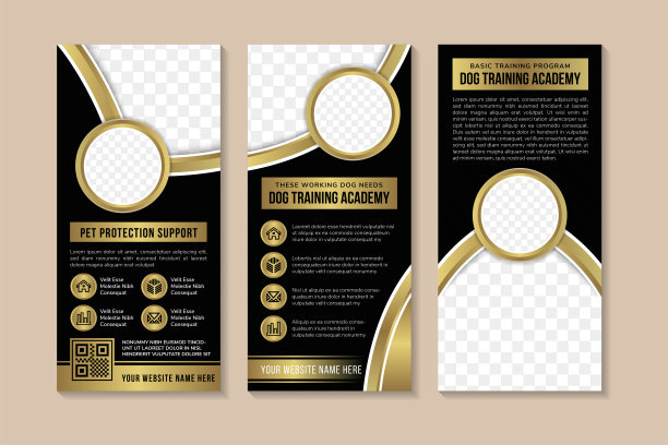 收集抽象卷起横幅设计模板与标题的例子是宠物培训学院。出版物海报垂直布局，留有空间供照片拼贴。图片下载