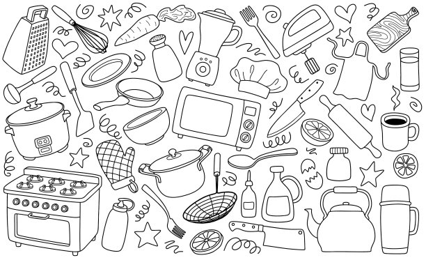 手绘厨房用具涂鸦集。图片下载