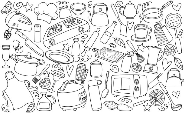 手绘厨房用具涂鸦集。图片下载