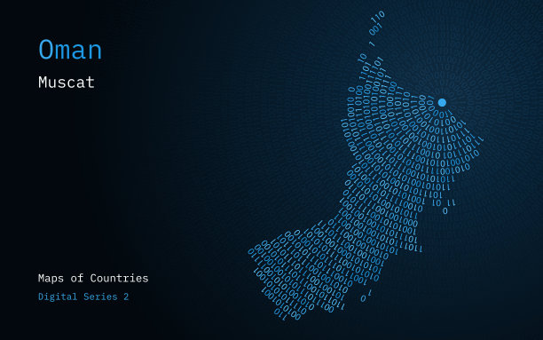 阿曼的地图，用0和1画成圆形。首都马斯喀特位于圆圈的中心图片下载