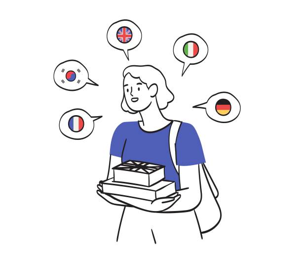 多语种议长。女性通晓多种外语，会说，会学，懂英语，德语，韩语，法语，意大利语。线涂鸦矢量插图孤立的白色。图片下载