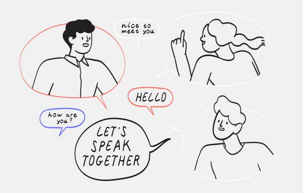 一群来自不同国家的年轻人与母语人士一起练习口语技能，并在线学习外语。语言学校创意涂鸦人物插图。图片下载