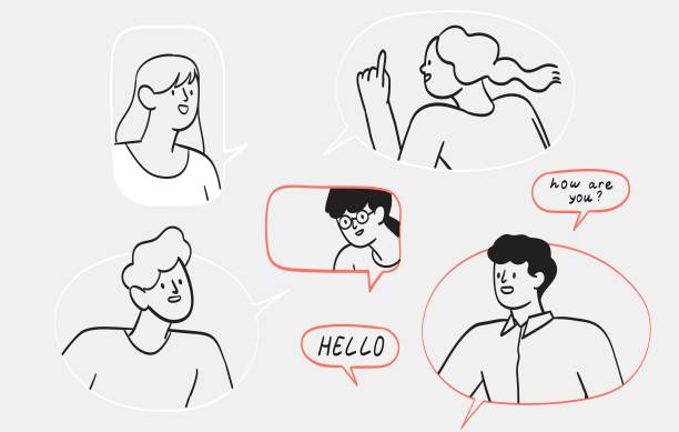 一群来自不同国家的年轻人与母语人士一起练习口语技能，并在线学习外语。语言学校创意涂鸦人物插图。图片下载