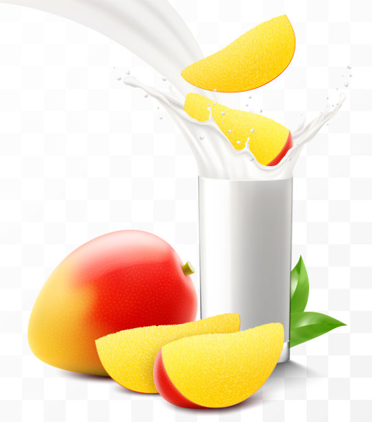 一杯新鲜的芒果酸奶或奶昔。一杯鸡尾酒或牛奶与成熟的异国芒果，隔离在透明的背景。逼真的三维矢量插图图片下载