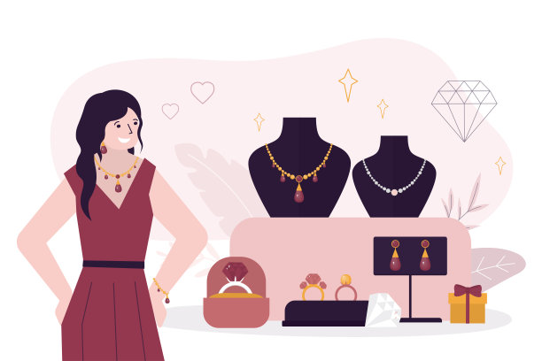 珠宝店展示了人体模型上的金项链，礼盒里的钻石戒指和耳环。美女佩戴各种黄金首饰。优雅的女性性格。图片下载