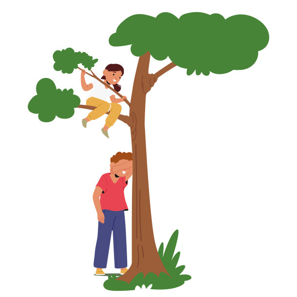 两个孩子在户外玩捉迷藏。一个孩子在树下寻找，另一个爬上去躲起来图片下载