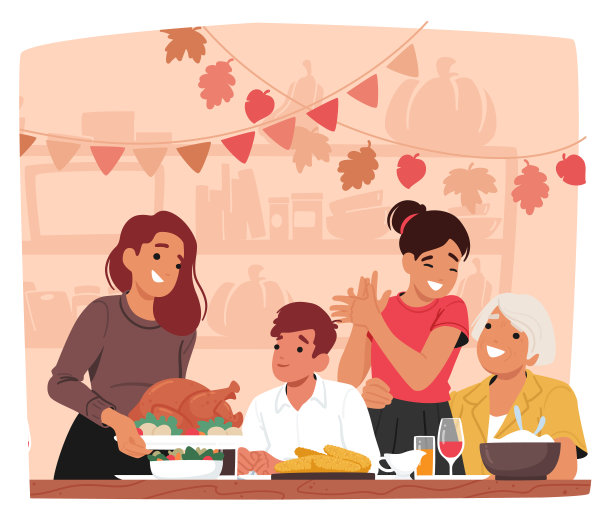 快乐的一家人围坐在餐桌旁，在家享受感恩节大餐。矢量场景描绘温暖的秋天装饰图片下载