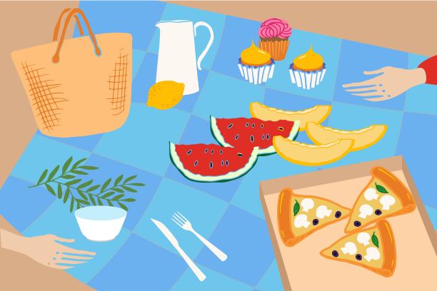 美丽的海滩野餐插图，水果，软饮料，披萨。海滩上的友好聚会。手绘插图海报，邀请图片下载