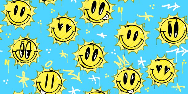 时尚抽象涂鸦风格快乐微笑的太阳在天空无缝背景模板图片下载