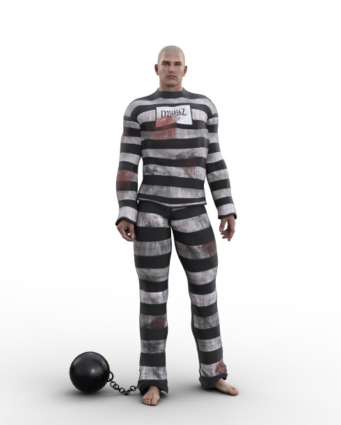 一名身穿复古囚服的男子全身画像，囚服上有黑白相间的条纹和一个球和链子。孤立的3D插图。图片下载