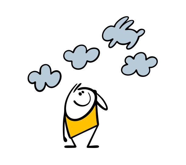 简笔画抬头仰望天空，欣赏云彩。自然与人的矢量插图。兔子形状的云彩。灵感与梦想。图片下载