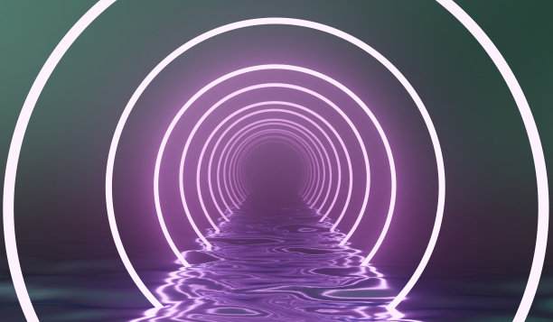 水面霓虹灯圈、发光走道、泳池展厅、科技、平台、产品展示、现代海景、科技、未来、科幻、3D插画图片下载