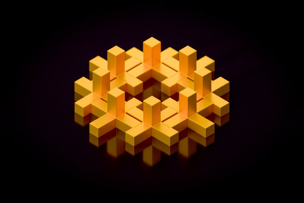 摘要等距几何3D排列金属结构符号与现实柔和的阴影辉光在现代设计的广告，技术，虚拟世界，比特币，游戏，物理，商业，科幻插画。图片下载