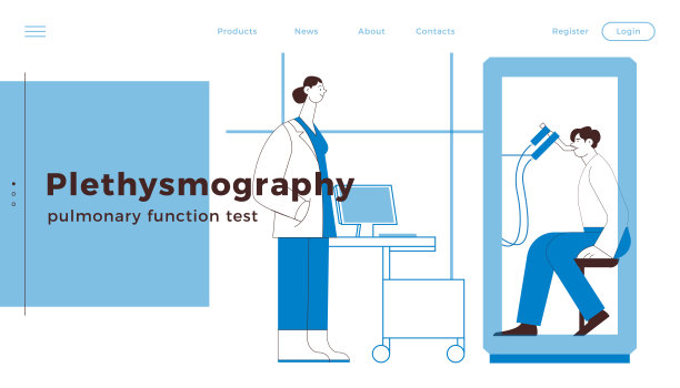 女性专科医生和男性病人在医务室或化验室进行全身体积脉搏波描记。黑白现代平面矢量插图。网站横幅，登陆页设计模板。图片下载