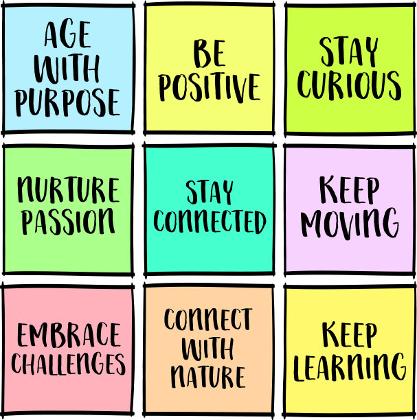 有目的的年龄，健康的衰老技巧，一套好的励志提示，生活方式和个人发展图片下载