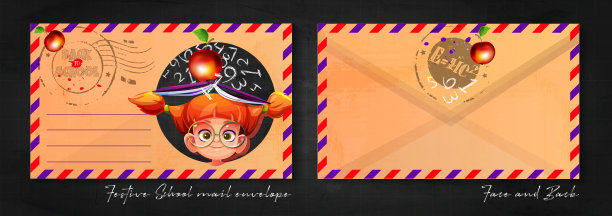 以卡通风格回到学校。女学生拿着课本，在黑板背景上放着一个苹果，上面有数字。一套时尚的邮政信封。图片下载