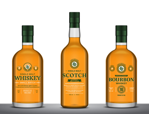 矢量威士忌，波旁威士忌和苏格兰威士忌标签和瓶子模型图片下载