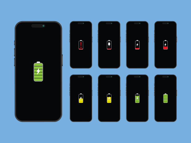 屏幕上的智能手机电池和充电状态说明-移动设备的矢量图标，电池水平，电池耗尽和充电。向量。图片下载