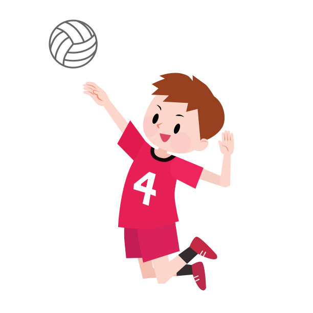 穿着红色球衣打排球的男孩插画：扣球与跳跃图片下载