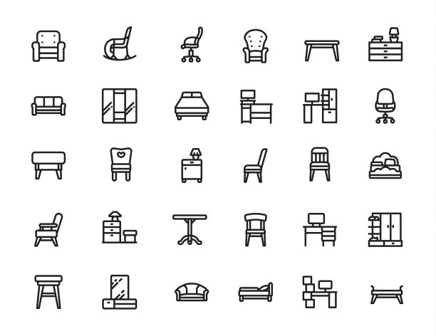 家具和家庭室内图标设置为黑色，可编辑笔触，矢量插图图片下载