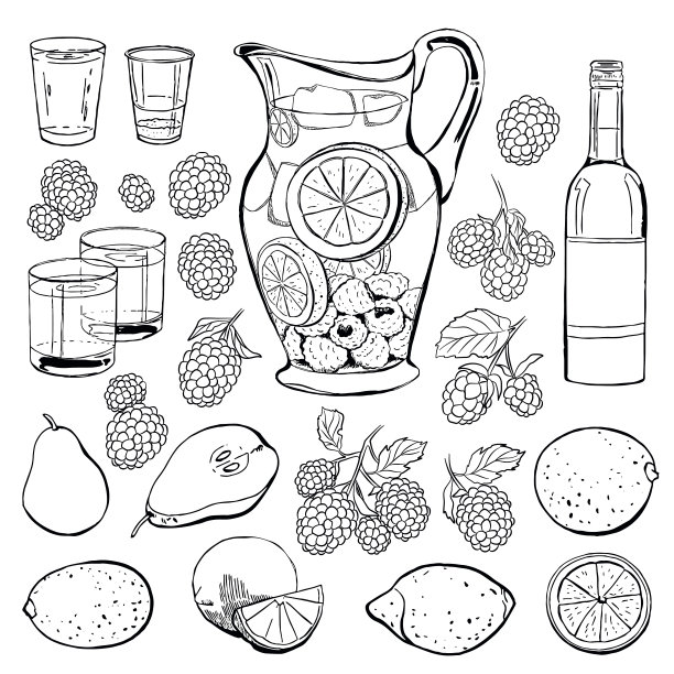 喝水果和浆果点心。黑色矢量轮廓饮料插图集隔离在白色图片下载