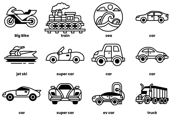 收集汽车和车辆的图标，包括水上摩托车，火车，船图片下载