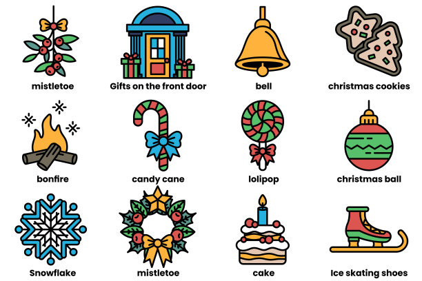 这张图片是圣诞主题图标的集合，包括一个铃铛，一个花环图片下载