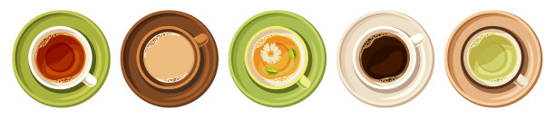 几杯咖啡和几杯茶就白了。咖啡和茶杯俯视图。一组矢量插图图片下载
