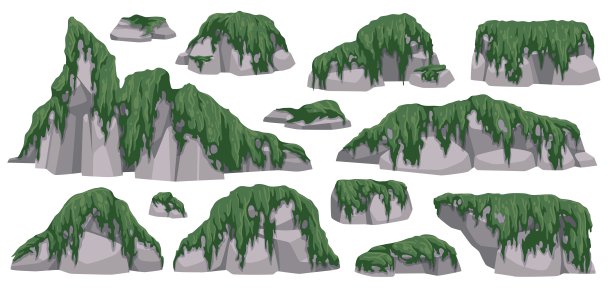 长满苔藓的石头。卡通岩石和绿色的地衣，悬挂和爬行的植物，自然游戏元素模板，生态环境，热带雨林整洁矢量隔离集图片下载