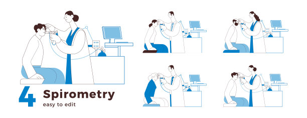 肺活量测量黑白矢量插图集合。医学专家和患者在医疗办公室或实验室进行全身体积脉搏和肺活量测定。图片下载