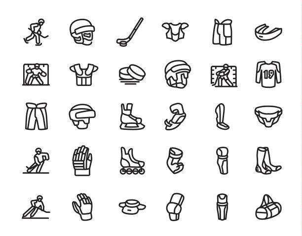 曲棍球设备和动作图标设置在黑色，可编辑的笔划，矢量插图图片下载
