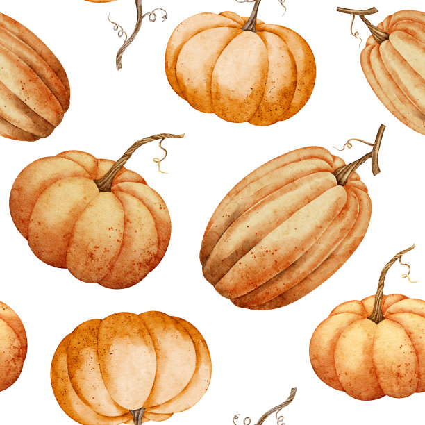 水彩无缝图案橙色南瓜在孤立的背景。以秋葫芦为插画，用于包装纸或纺织品设计。秋天的装饰为丰收的装饰。蔬菜的背景图片下载