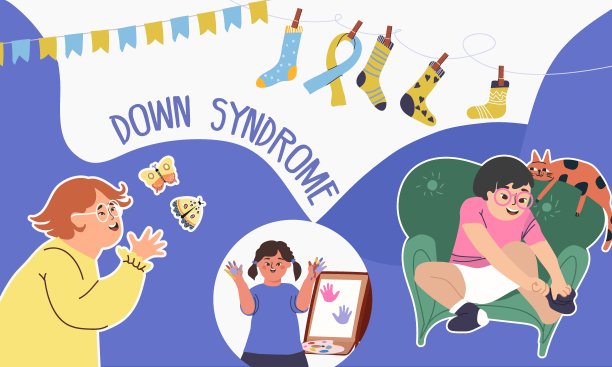 国际唐氏综合症日。唐氏综合症平板拼贴作文与人在恋爱学习。矢量手绘插图。图片下载