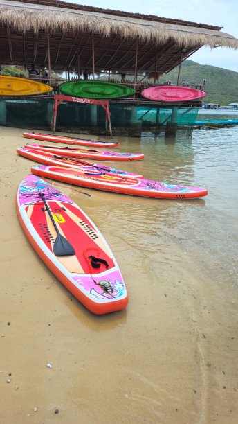 夏日里，在越南芽庄市鲁滨逊岛的海滩上玩桨板。图片下载
