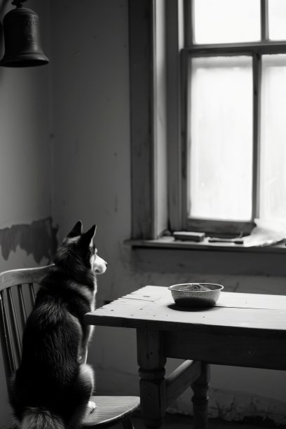 一张黑白照片，一只哈士奇拿着碗坐在桌子旁边的椅子上，看着窗外。图片下载