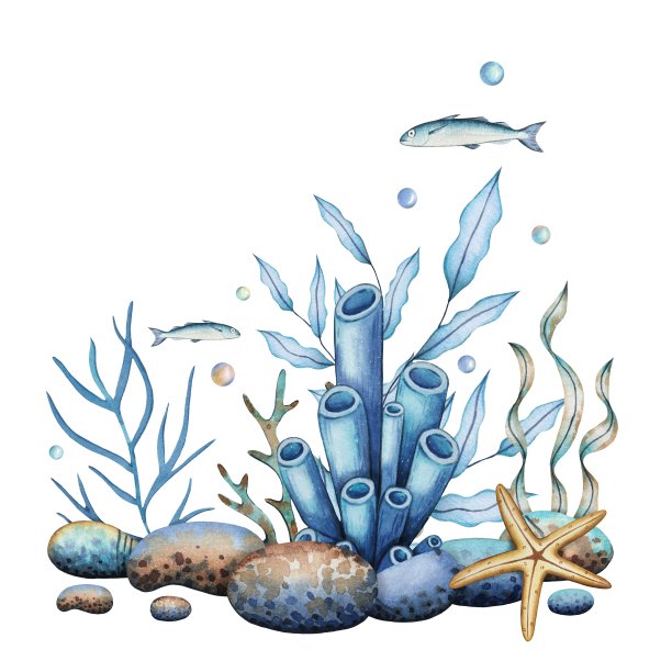 海洋成分有珊瑚、石头、海星、鱼类。水下世界。水彩插图图片下载