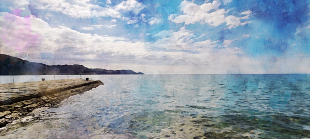 水彩画效果的照片上的石头码头在斯洛文尼亚海在下午，从斯特伦扬海滩上看到，在皮兰著名的圣乔治大教堂的剪影在背景图片下载