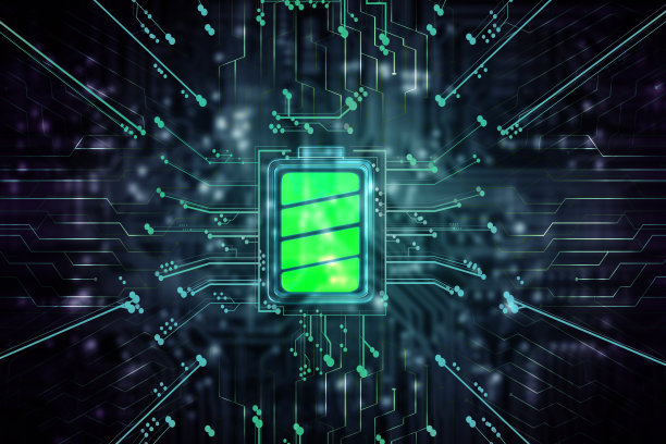 发光的绿色电池与数字电路在未来的黑暗背景图片下载