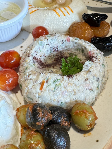 黎巴嫩meze的特写图片，开胃菜自助餐拼盘，有Baba ghanoush(茄子蘸酱)，鹰嘴豆蘸酱，圣女果，枣，杏，黑橄榄和绿橄榄，希腊酸奶，蘸酱的杯子，前景的高度聚焦图片下载