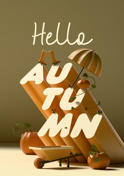 明亮的秋天海报，上面写着“你好，秋天”，花园车，雨伞，雨靴和南瓜。3D渲染，垂直插图。图片下载