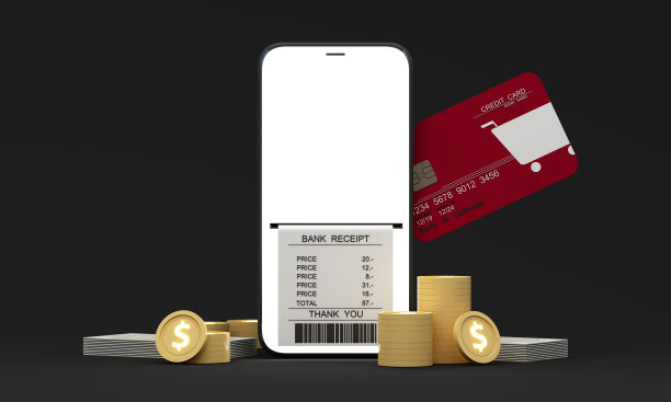 用信用卡在手机上结账。用手机支付账单。网上购物支出。通过智能手机网上购物。账单付款收据。移动支付、购物、银行的3d渲染。图片下载