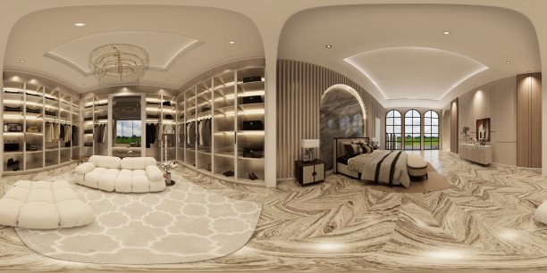现代豪华的内饰。客厅和餐厅的装饰。3d渲染内部。卧室和步入式衣橱。图片下载