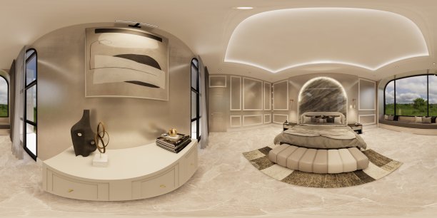 现代豪华的内饰。客厅和餐厅的装饰。3d渲染内部。卧室和步入式衣橱。图片下载