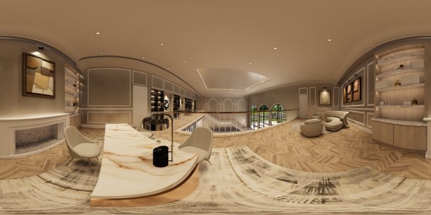 现代豪华的内饰。客厅和餐厅的装饰。3d渲染内部。卧室和步入式衣橱。图片下载