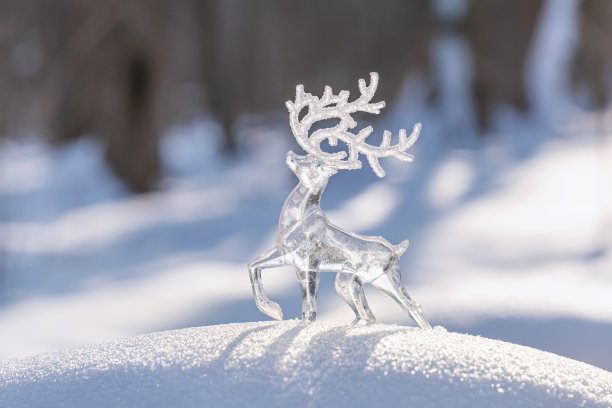 圣诞冬季背景-在冬季森林的雪堆上，一只冰鹿在冬日的阳光下闪闪发光图片下载