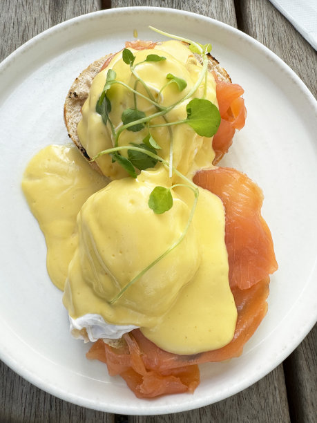 皇家鸡蛋早餐的特写图片，烤英式松饼上面有烟熏鲑鱼和水煮蛋，上面覆盖着柠檬和大蒜奶油酱，豆瓣菜装饰，板条木桌背景，抬高视野图片下载